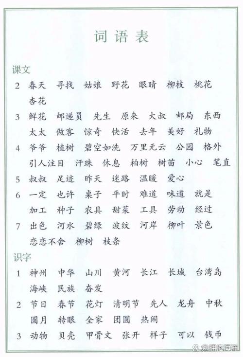 二年级下册语文词语表