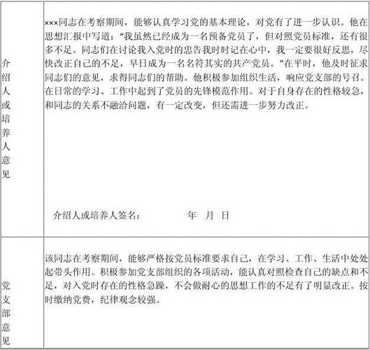 预备党员考察登记表范文