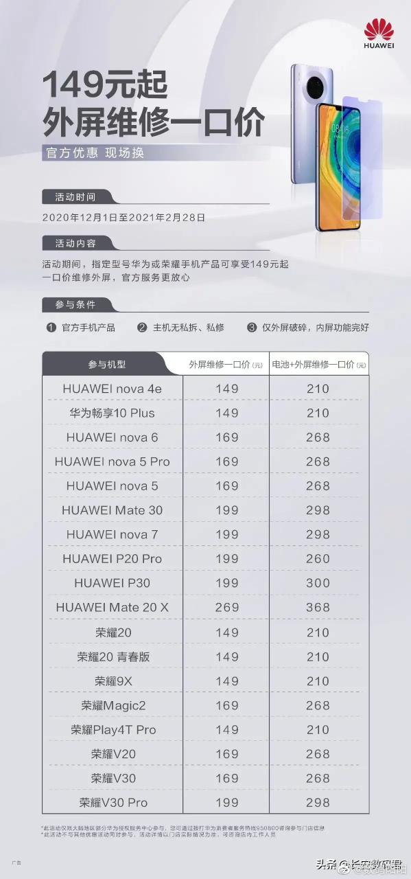 华为维修费用价目表