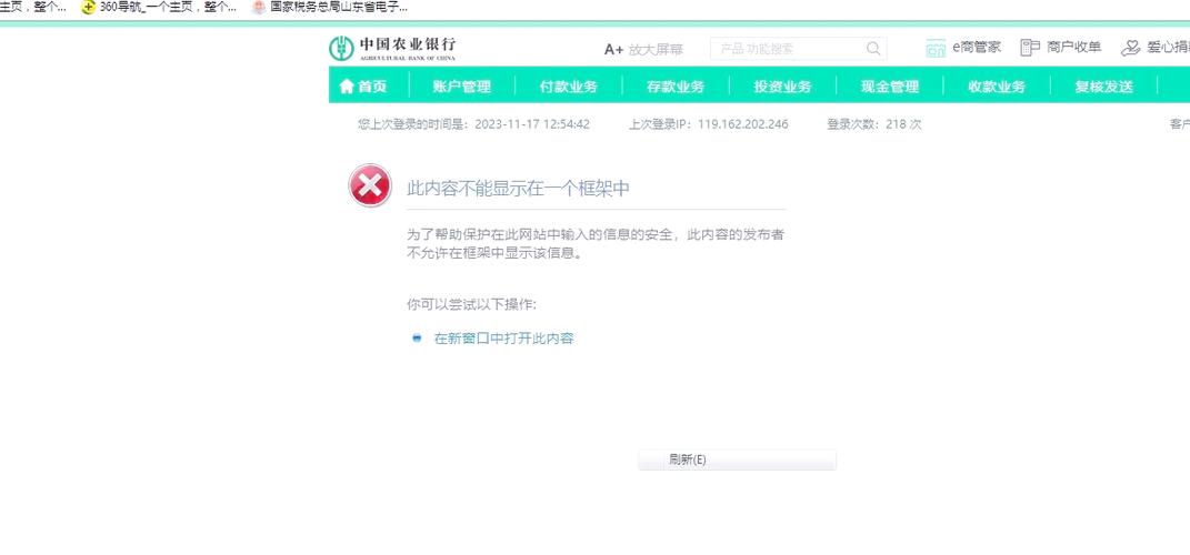 农行网银登录后网页无法显示