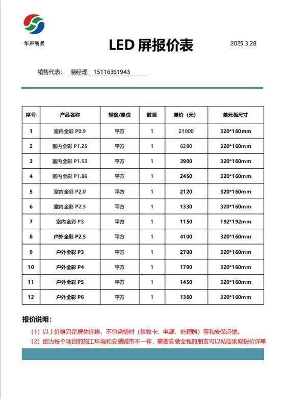 室外led显示屏价格报价表