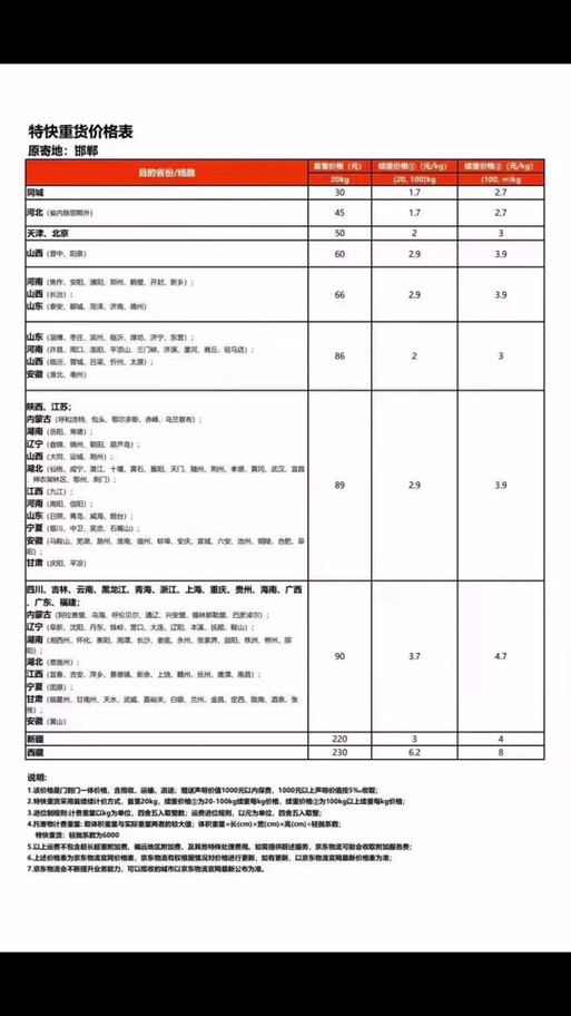京东快递收费价目表